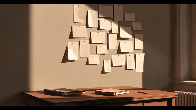 A plain writing desk against a wall pinned with simple notes photographed candidly in warm afternoon light with shallow depth of field