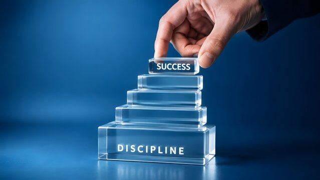 Hand placing glass block with SUCCESS word on top of DISCIPLINE steps, representing career growth, personal development, motivation, hard work, and business achievement strategy