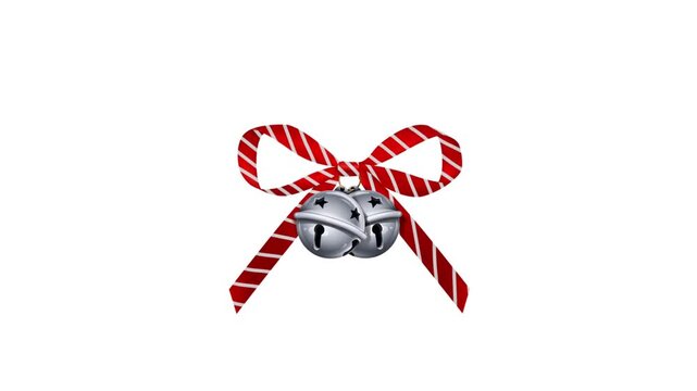 Red and white striped ribbon bow with silver jingle bells isolated on white background