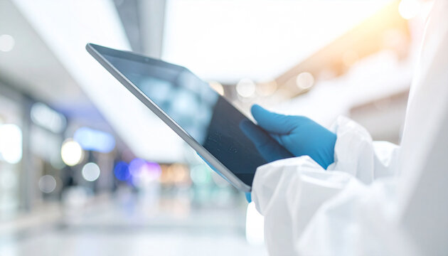Medical Professional with Tablet: A medical professional in protective gear holds a tablet, utilizing technology in a modern healthcare setting, bathed in soft light