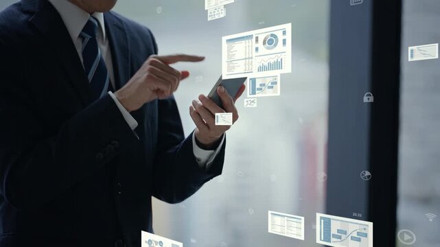 Man using a smartphone and business data. Apps, investment, asset management, banking, data, information, documents, online, future.