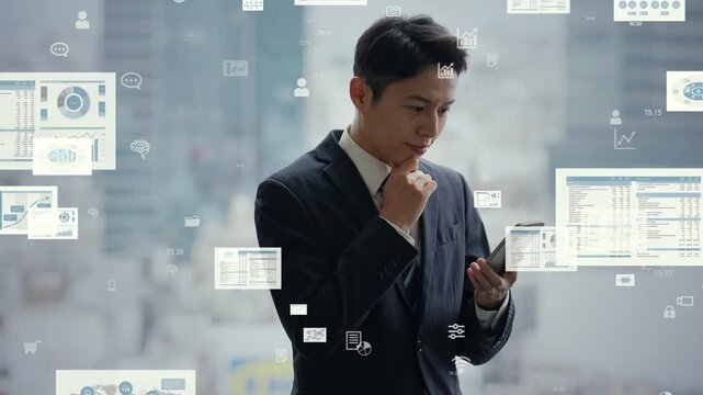 スマホを使う男性とビジネスデータ。アプリ、投資、資産運用、銀行、データ、情報、書類、オンライン、未来