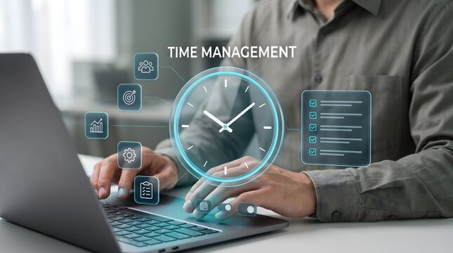 Man typing on laptop with glowing holographic clock and time management text interface. Concept of corporate productivity, and workflow organization.