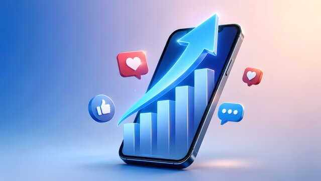 3D smartphone showing upward blue arrow bar chart with floating social media icons like heart and thumbs up, concept of digital marketing success, viral content, and audience growth