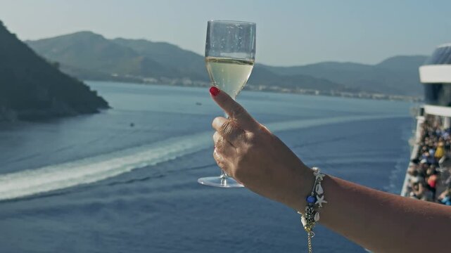 Woman Holding Champagne Glass on Cruiser Boat in Marmaris Turkey