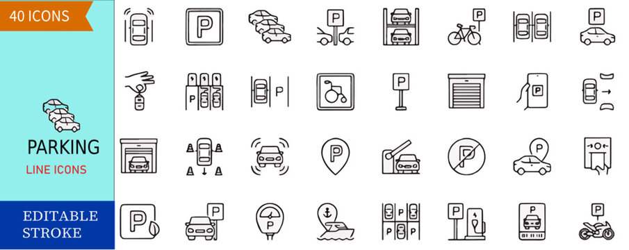 Parking Line Icons Set editable stroke car vehicle transport valet automated garage underground meter barrier smart parking location sign symbol vector outline illustration bundle