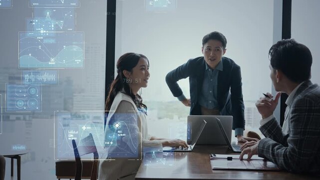 会話する人々とデジタルテクノロジー。DX、ビジネス、経営、企業、システム、ERP、IT、エンジニア
