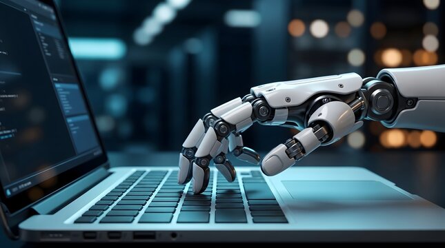 White robotic hand typing on silver laptop keyboard. Concept of remote digital workspace, artificial intelligence integration, and tech business.