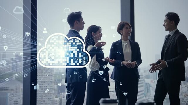 会話する人々とクラウドネットワーク。DX、ビジネス、アプリ、ERP、SaaS、テック、企業、未来