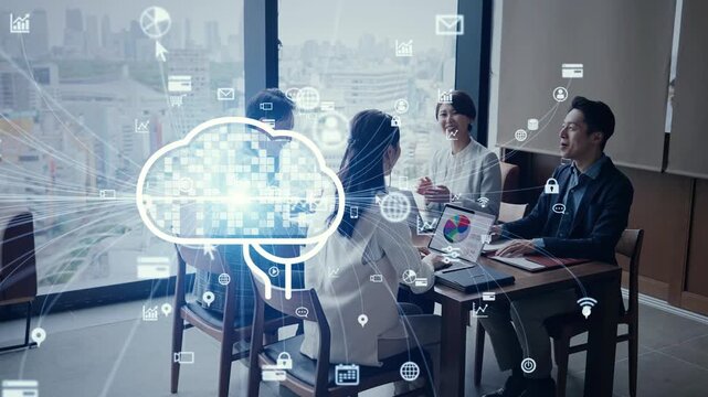 会話する人々とAIネットワーク。人工知能、頭脳、システム、会議、DX、IT、学習、アプリ、相談、企業