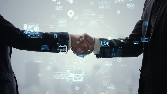 握手するビジネスパーソンとデジタルテクノロジー。DX、ビジネス、AI、クラウド、協力、チームワーク