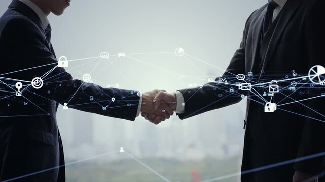 Business professionals shaking hands and networking. Business, apps, matching, communication, DX, teamwork, and corporations.