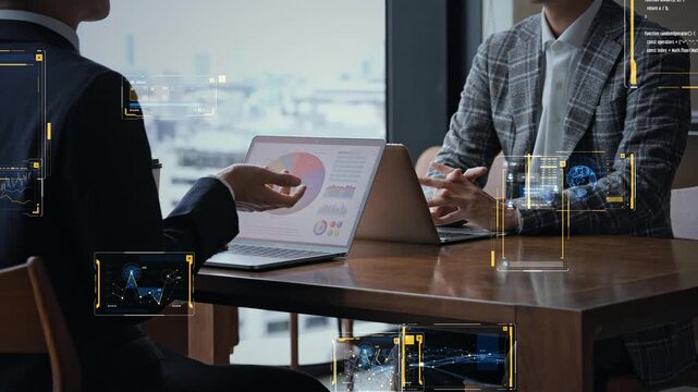 People conversing and digital technology. DX, business, systems, ERP, AI, the future, meetings, cloud.