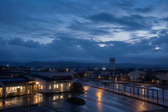 豪雨後に明かりが戻った小さな町の夜景