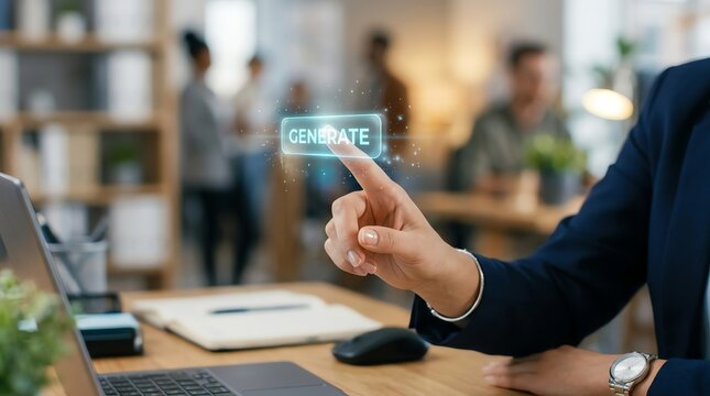 Professional interacting with generative artificial intelligence interface button for creative digital innovation in office environment