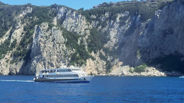 Sailing Ferry Boat Approaching Capri Island Italy Sunny Day