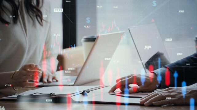 People conversing and business data. Finance, economics, investment, asset management, graphs, analysis, management, meetings, statistics, stock prices, accounting.
