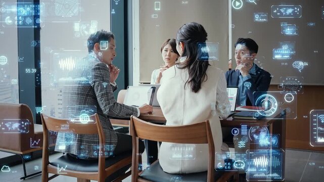 会話する人々とデジタルテクノロジー。DX、IT、ビジネス、AI、GUI、データ、情報、分析、経営