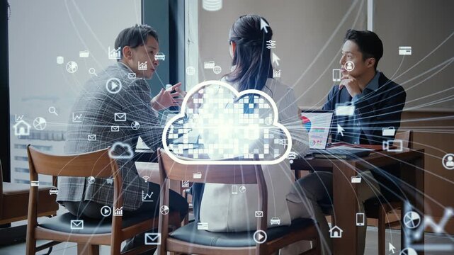 会話する人々とクラウドネットワーク。ビジネス、アプリ、通信、AI、DX、システム、ERP、データ