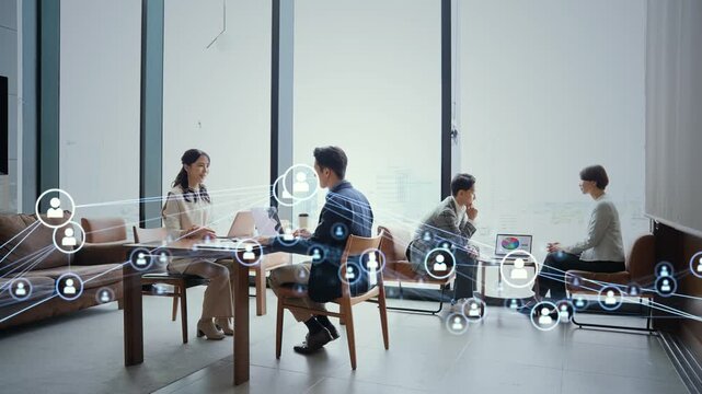 会話する人々とデジタルテクノロジー。ビジネス、DX、システム、データ、AI、エンジニア、ERP、技術