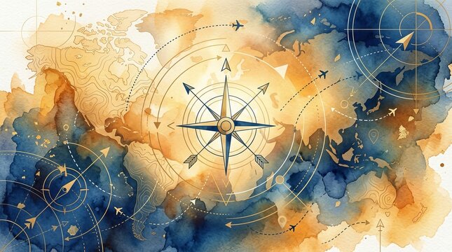 
compass rose centered on an abstract background, accompanied by geometric navigation lines