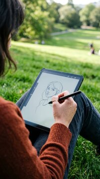 Artist sketching on a generic digital tablet in a lush green public park