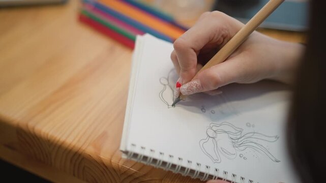 Close view shows right hand drawing with pencil on spiral bound sketchbook over wood tabletop, with visible movement, small figure studies, soft shading, and warm light in creative workspace