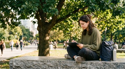 Fototapeta premium Woman using a digital tablet while sitting on a stone bench in a city park