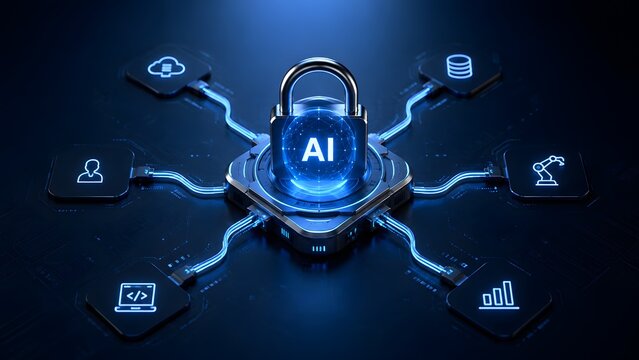 Central AI padlock connected to network of technology icons, representing secure artificial intelligence ecosystem, automation, and centralized data management