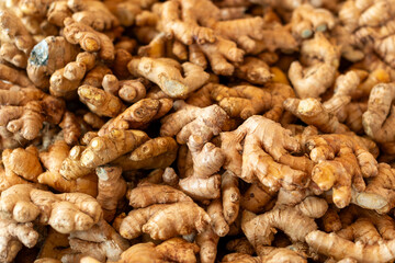 Fototapeta premium Small pieces of organic ginger root piled in a basket at a farmer's market. The small, papery root of a plant is an antioxidant medicine. The skin is tan colored with a yellow center, a rhizome spice.
