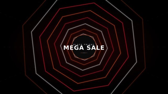Infinite geometric perspective portal with mega sale text on dark background