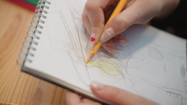 Close-up view of hand sketching inside spiral-bound sketchbook on wooden table, pencil adding yellow detail to drawn shape while fingers hold page steady, with warm side light and shallow depth