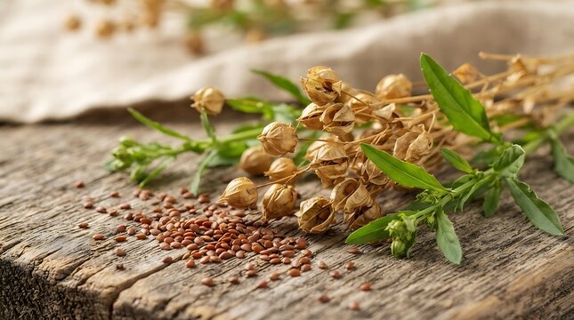 Flame-Camelina sativa seeds and dry pods displayed on a rustic wooden board with green stems, representing natural agricultural harvest and organic oilseed crops