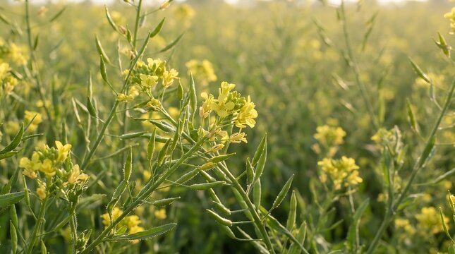 A close-up view of a lush green agricultural field showcasing flame-Camelina sativa plants with bright yellow flowers in full bloom during the sunny spring season