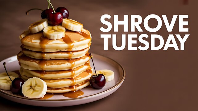 Shrove Tuesday Pancake Stack with Bananas and Cherries Holiday Food Design
