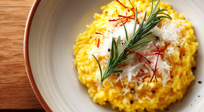 Creamy saffron risotto topped with grated cheese, rosemary sprig, and red chili threads served on white plate, evoking warmth and comfort