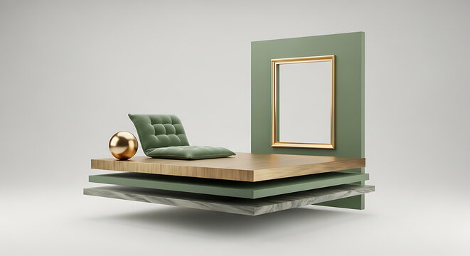 Modern green daybed with golden ball and cushion on wooden base