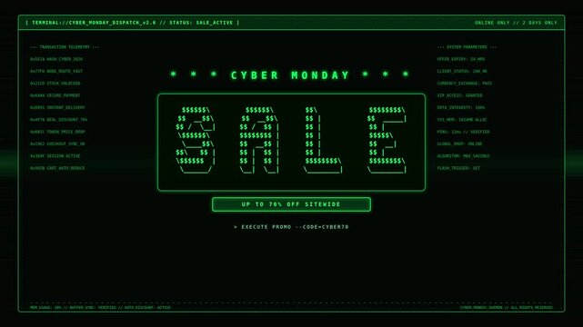 Retro hacker green terminal cyber monday sale data stream