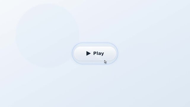 Frosted glass play button clicked by cursor on soft tech background
