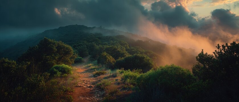 Mountain trail in the forest with sunlight and clouds