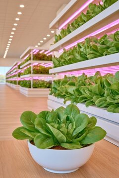 Futuristic vertical farm interior with stacked hydroponic lettuce under pink LED lights