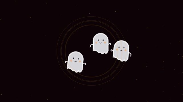 Three cute cartoon ghosts floating in dark space with subtle glowing circles around them