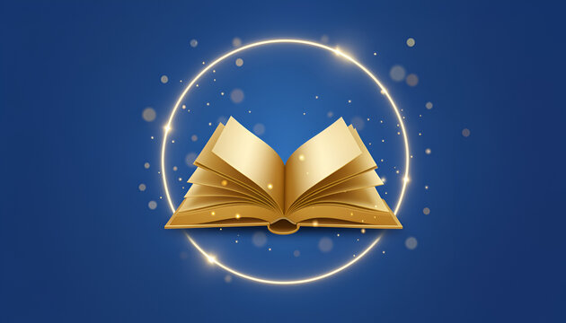 Open golden book with glowing neon ring frame on blue background copy space illustration.