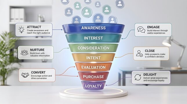 Layered 3D text funnel diagram with side panels and anonymous user avatars. Concept of customer journey map, and inbound marketing process.
