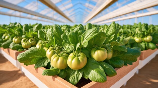 Rows of green tomato plants growing in modern greenhouse with wooden planters and glass roof