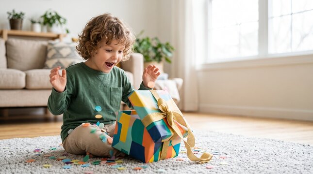 Excited young boy opening a colorful gift box with confetti falling around him