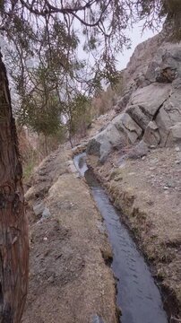 Vertical video moving forward along a narrow water channel carved into a rocky mountain path surrounded by autumn colors and dried grass