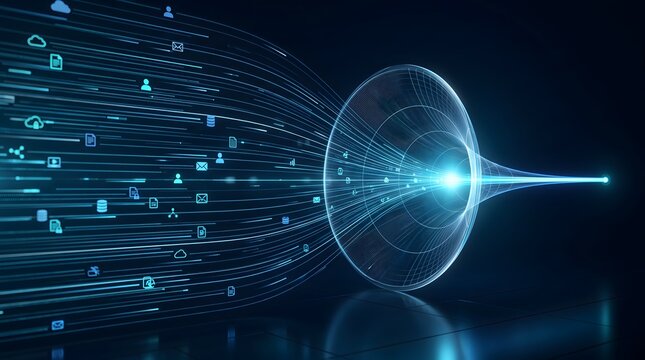 Blue digital information stream funneling into wireframe network portal. Concept of big data processing, cloud storage transfer, and web security.