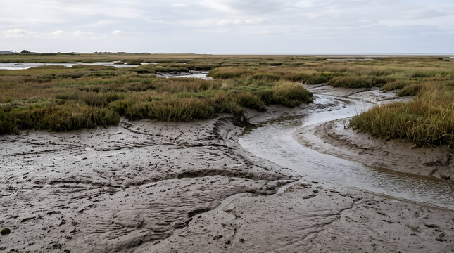 Coastal marsh viewed after tidal retreat with exposed sediment and natural channels, suitable for wetland monitoring, restoration planning, environmental research, and climate resilience reports.