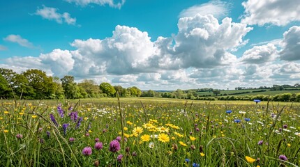 Obraz premium Lush Spring Meadow Beneath a Bright Blue Sky